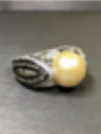 Thumbnail: Estate 18K Golden South Sea Pearl Baguette Round Diamond Cocktail Ring 3ctw 