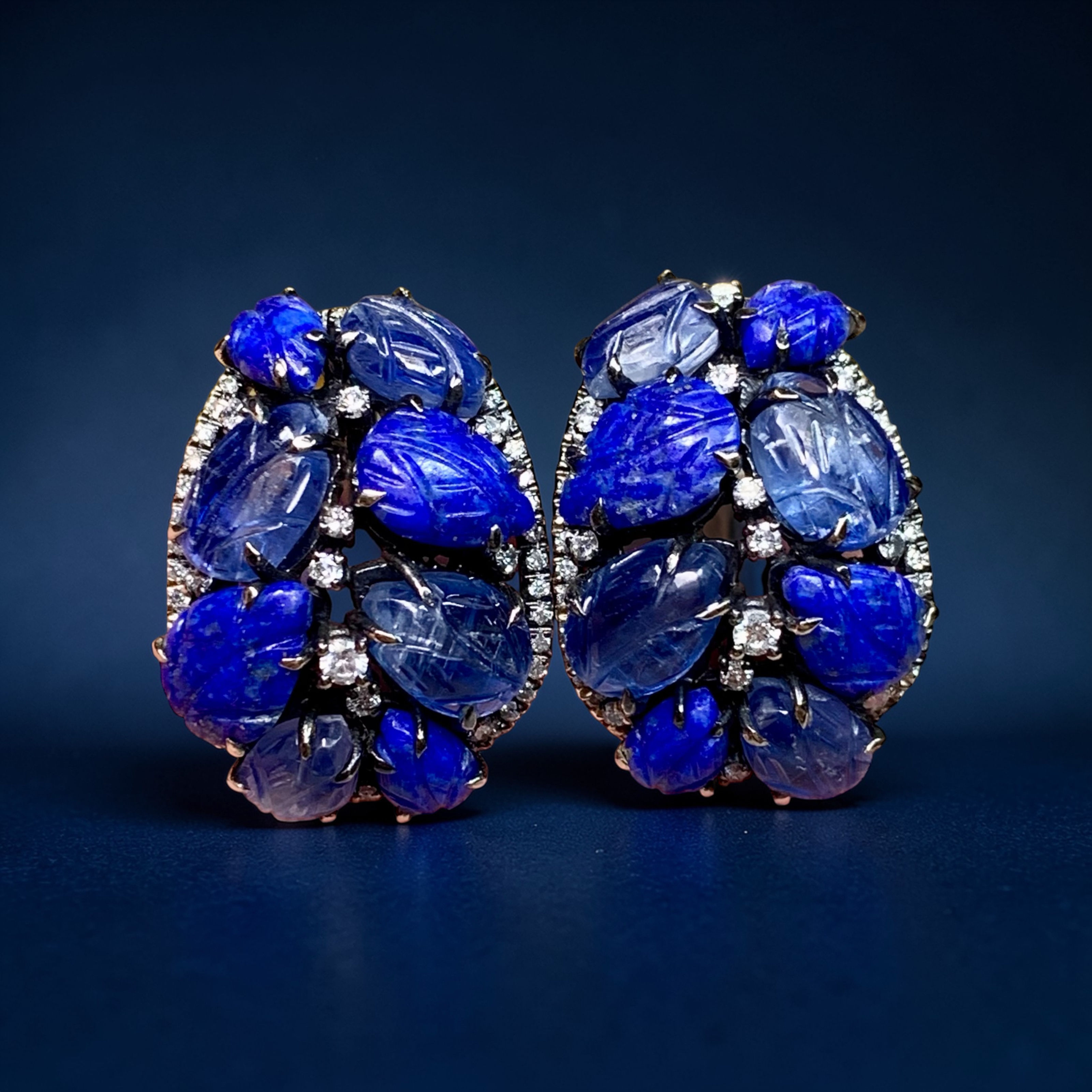Estate 18K Carved Sapphire & Lapis Large Diamond Shrimp Huggie Earrings 21.20ctw