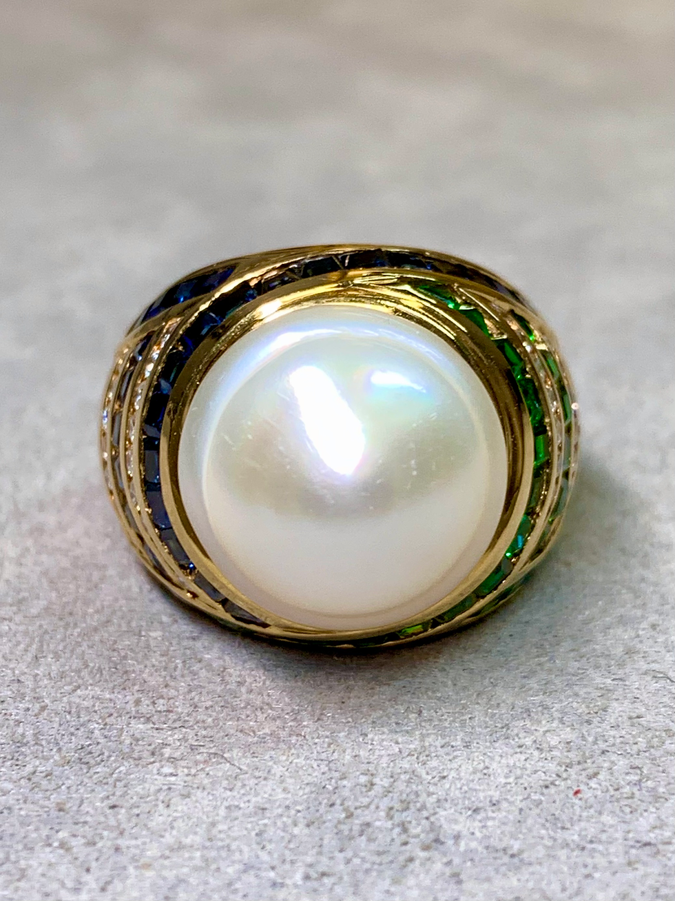 Thumbnail: Robert Wander WINC 18K Pearl Diamond Tsavorite Sapphire Dome Cocktail Ring 