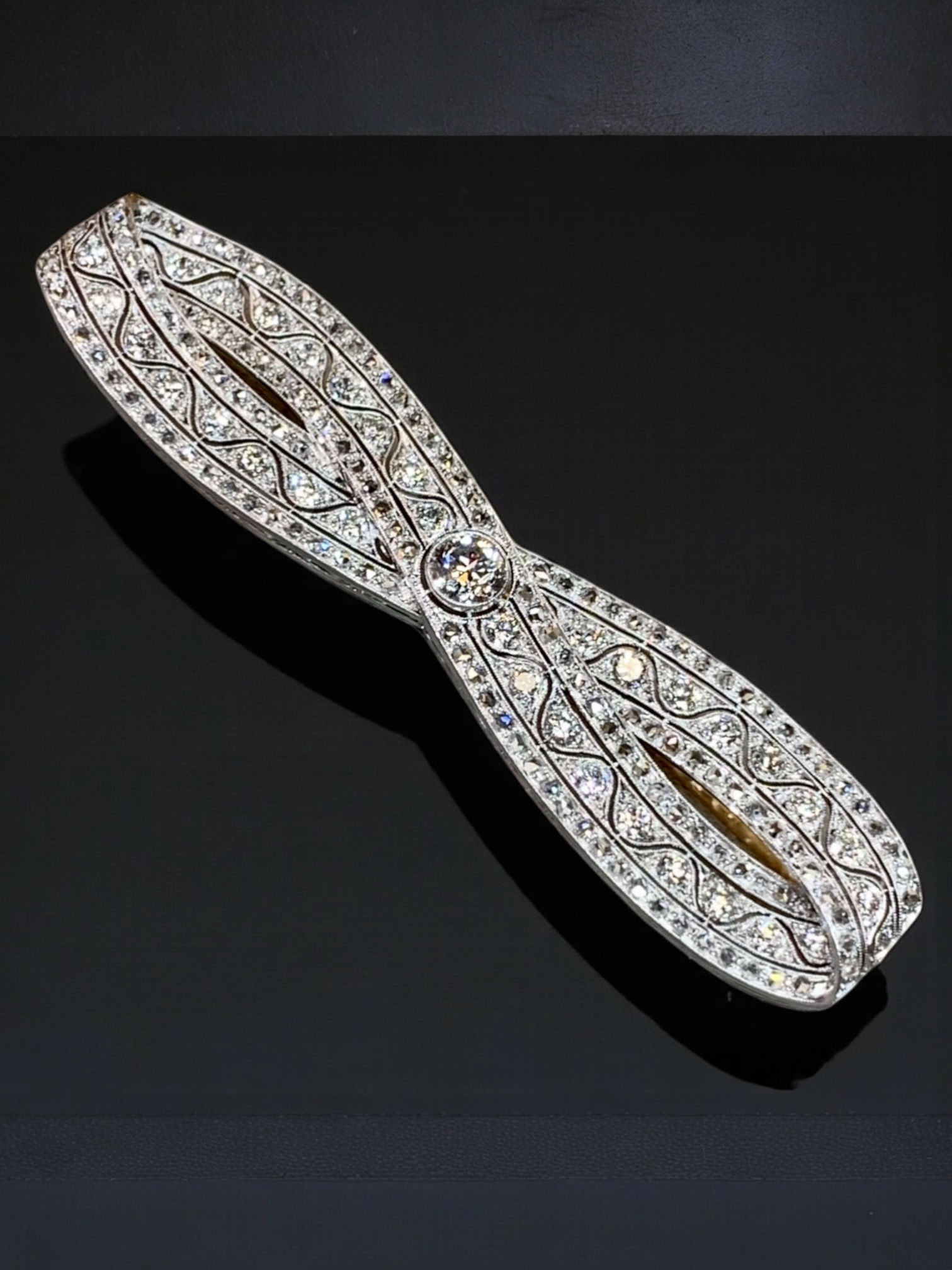JOHN W. CHARLTON Antique Deco Platinum Old European Mine Cut Diamond Bow Brooch