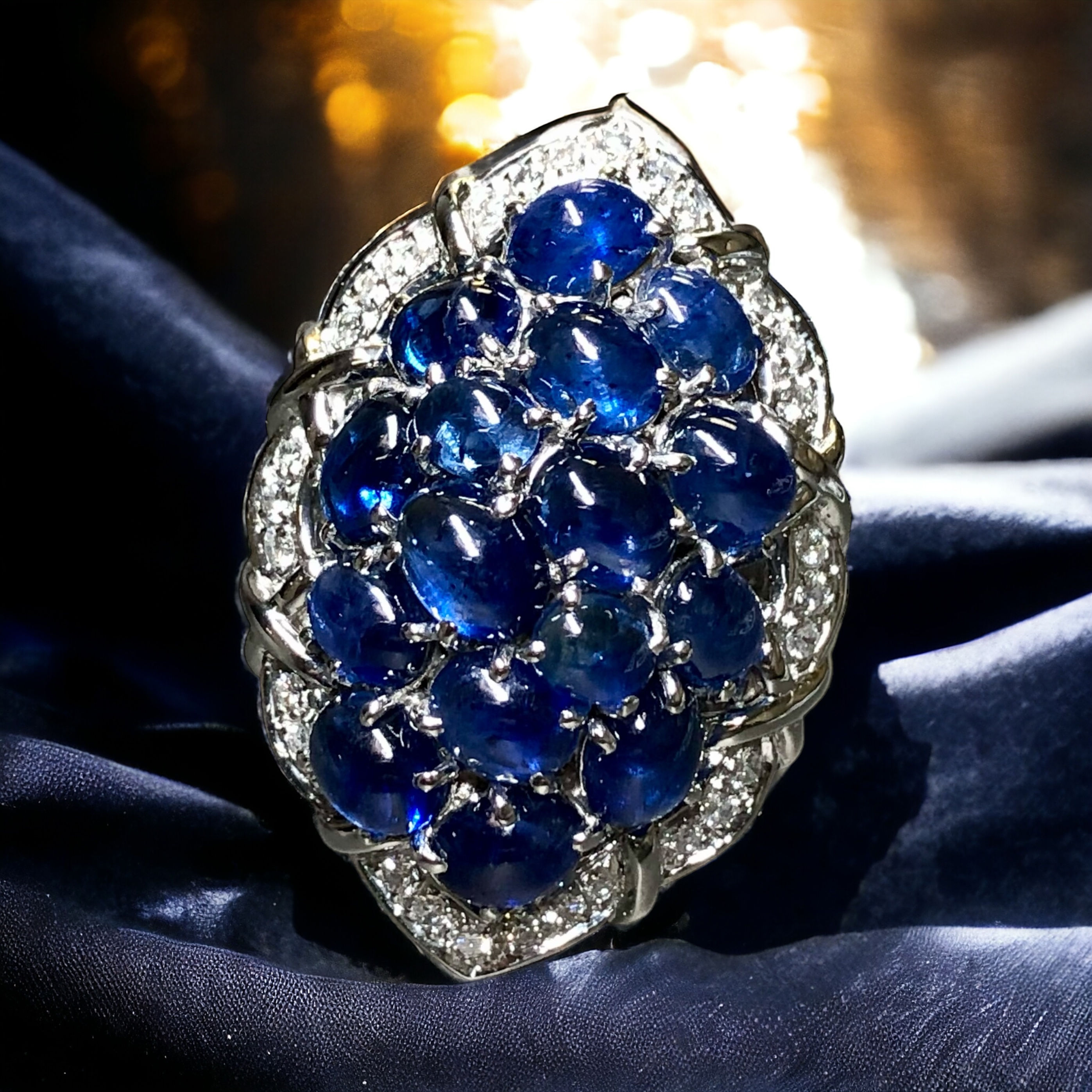 Estate Platinum Cabochon Sapphire Diamond Large Cluster Cocktail Ring 12ctw Sz 7