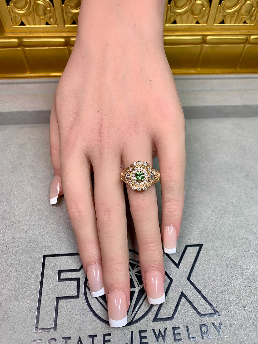Thumbnail: Estate 18K Rose Gold Cushion Cut Demantoid Garnet & Diamond Cocktail Ring