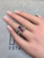 Thumbnail: Vintage 50’s Platinum Rose Cut Trilliant Diamond Kite Sapphire Ruby Bypass Ring 