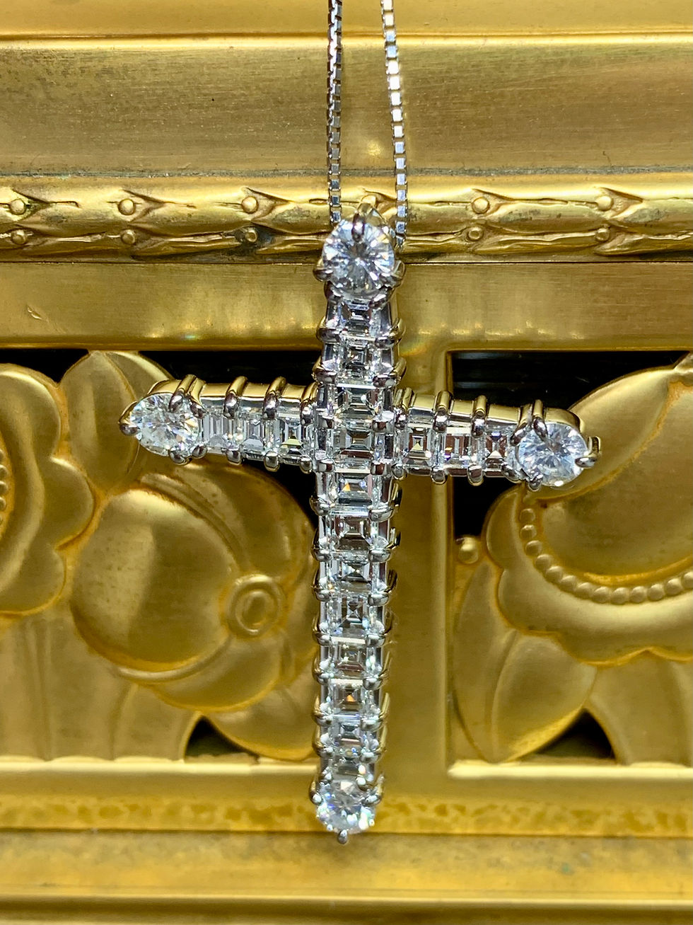 Thumbnail: Estate Platinum Prong Set Carré & Round Diamond Cross Pendant Necklace