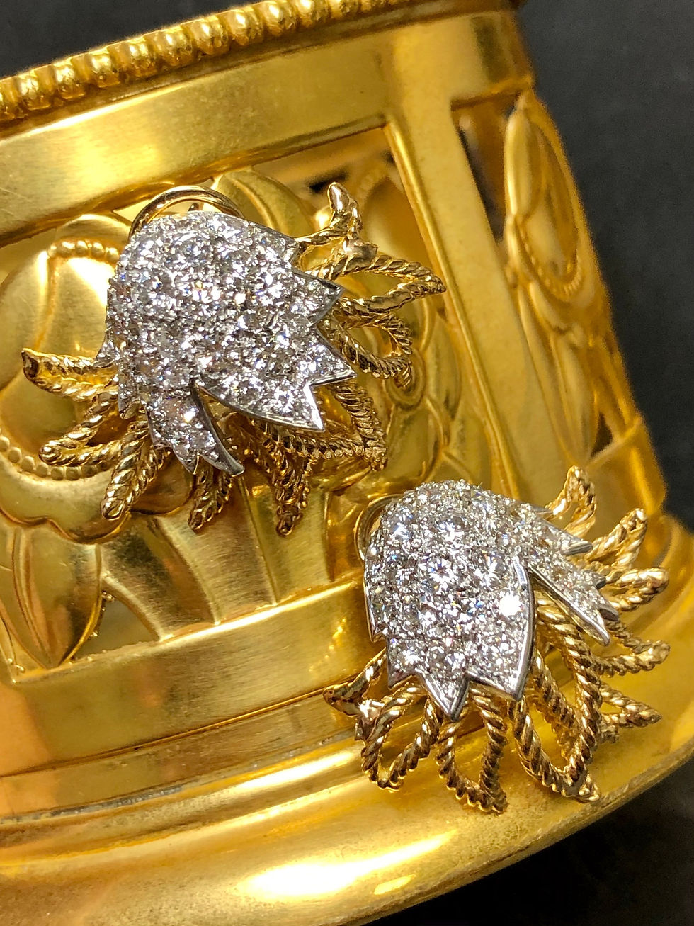 Thumbnail: Vintage 18K Platinum Pave Flame Rope Textured Omega Huggie Earrings 4cttw F Vs
