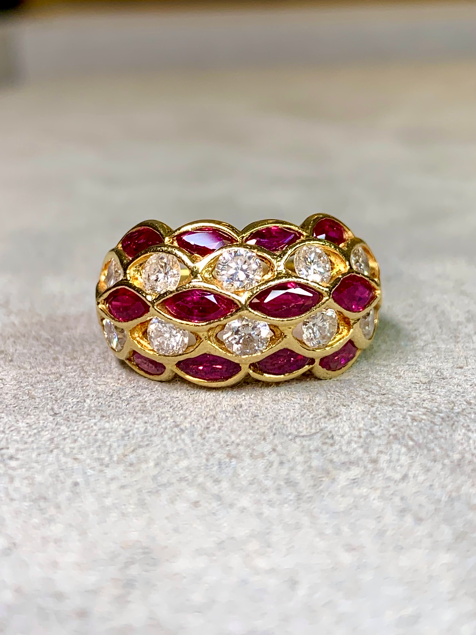 Thumbnail: Estate 18K Yellow Gold Marquise Ruby & Diamond Basketweave Cocktail Band Ring