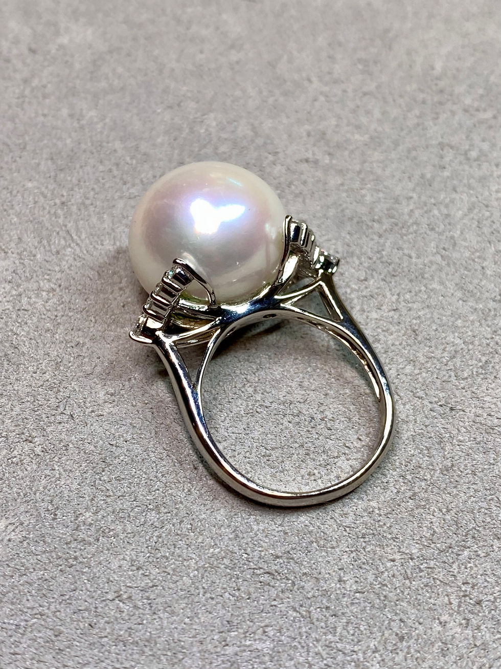 Thumbnail: Estate 17.30mm South Sea Pearl Marquise Round Diamond Platinum Cocktail Ring