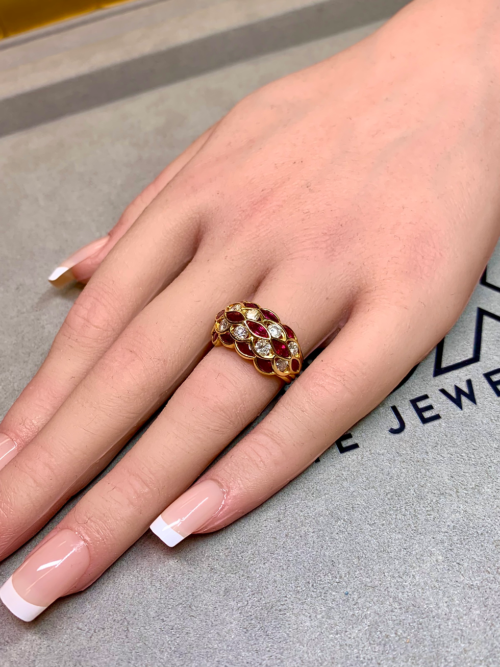 Thumbnail: Estate 18K Yellow Gold Marquise Ruby & Diamond Basketweave Cocktail Band Ring