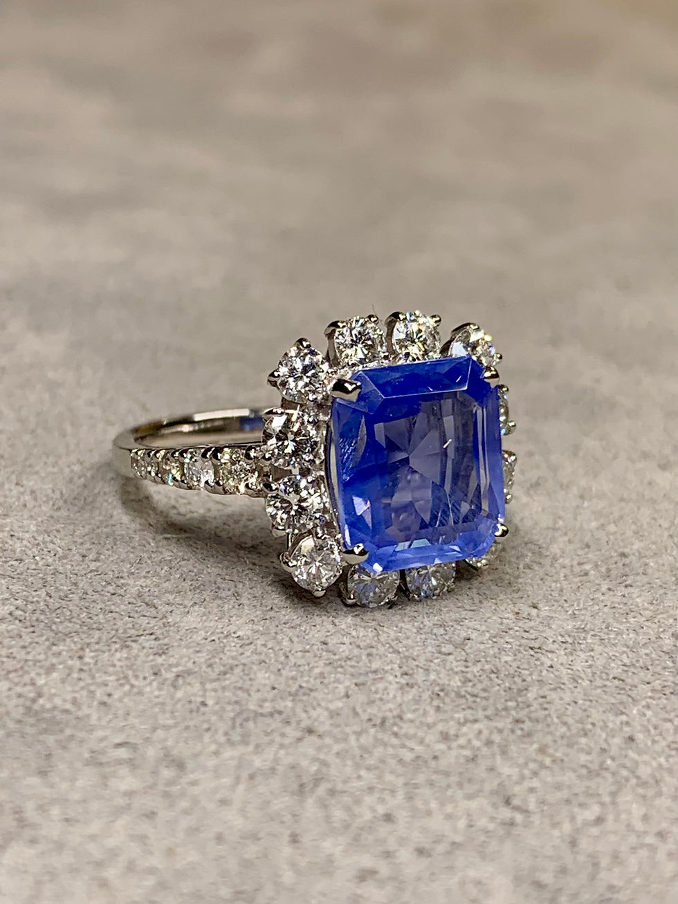 Thumbnail: Estate Platinum Square Step Cut No Heat Corflower Blue Sapphire Diamond Ring GIA