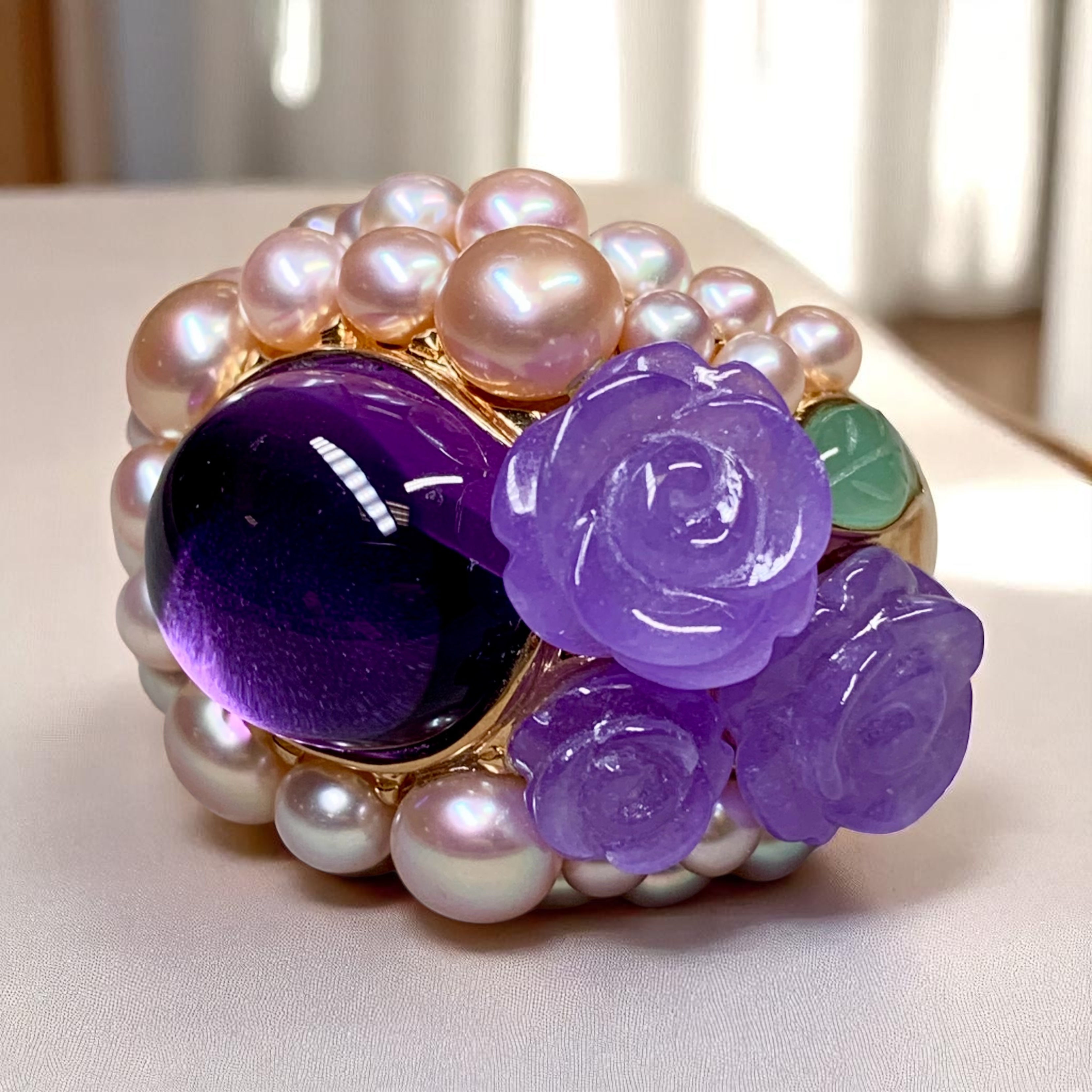 Mimi Milano 18K Rose Gold Lavender Green Jade Amethyst Pearl Large Cocktail Ring