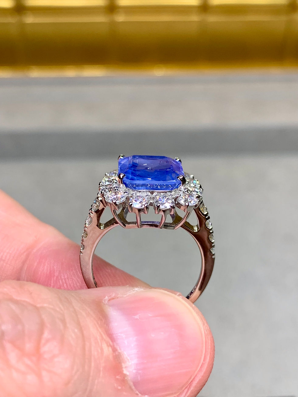Thumbnail: Estate Platinum Square Step Cut No Heat Corflower Blue Sapphire Diamond Ring GIA