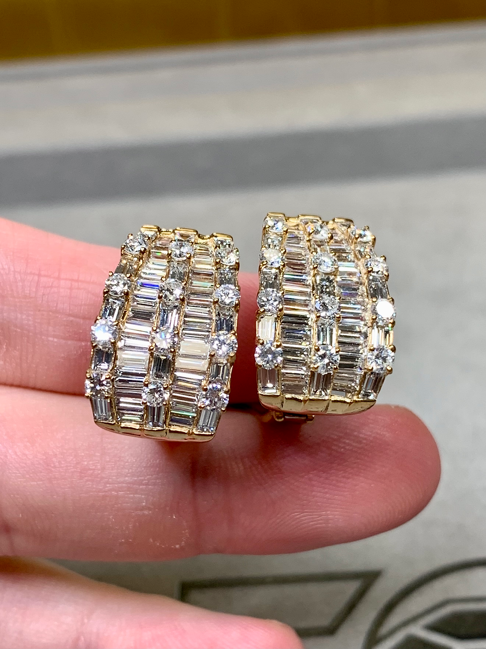 Thumbnail: Estate 18K Yellow Gold Baguette Round Large Diamond Huggie Earrings 8.40ctw G Vs