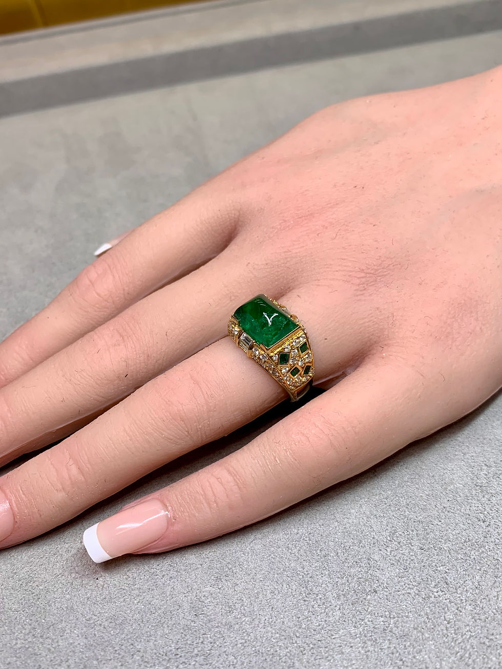 Thumbnail: Modernist 18k Yellow Gold Sugarloaf Cabochon Emerald Baguette Diamond Ring 