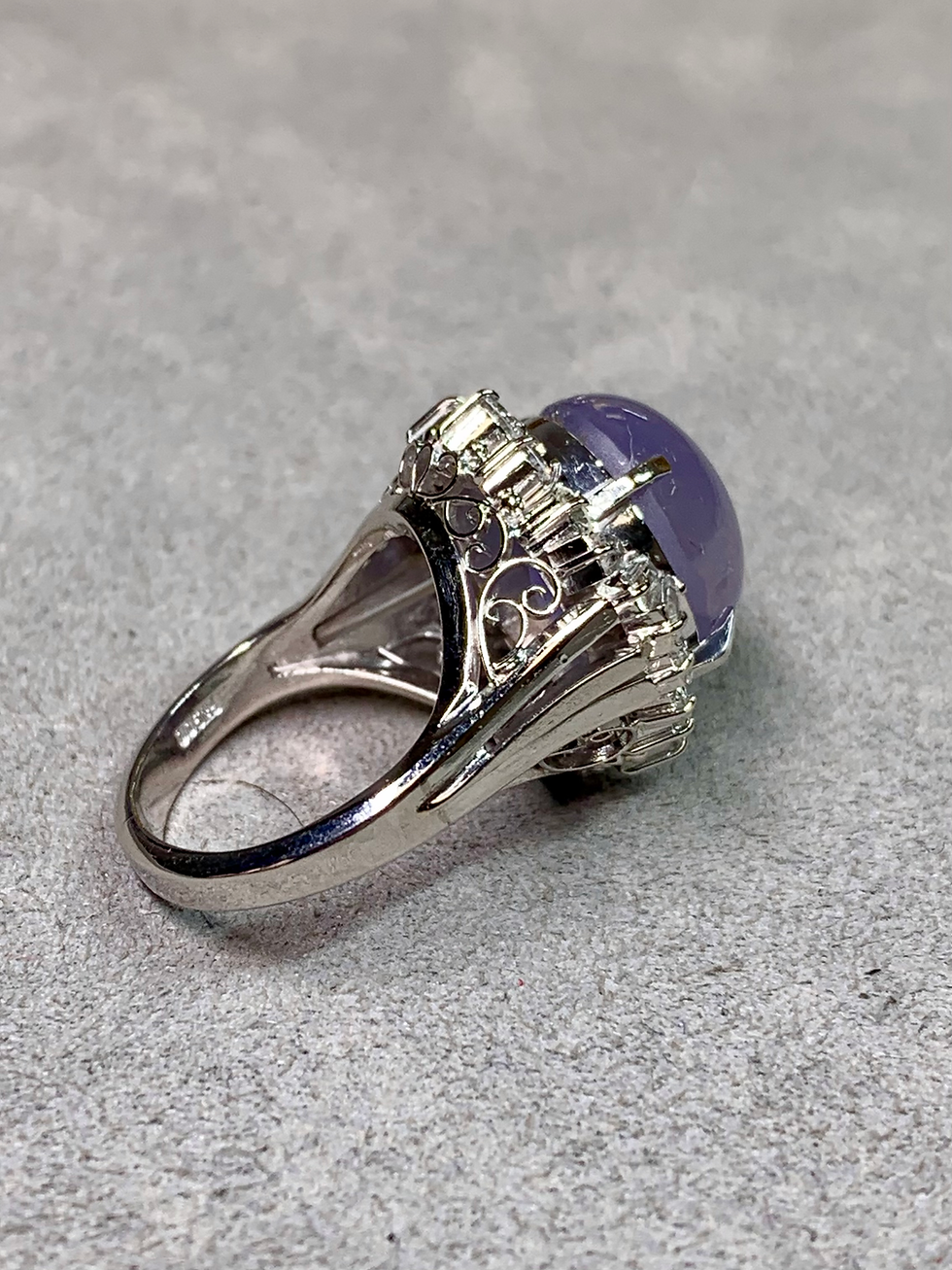Thumbnail: Vintage Platinum Cabochon Star Sapphire Baguette Round Diamond Cocktail Ring