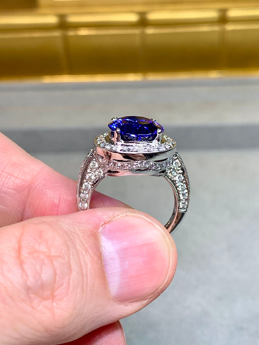 Thumbnail: Estate 18K White Gold Oval Tanzanite Diamond Halo Cocktail Ring  9.61ctw