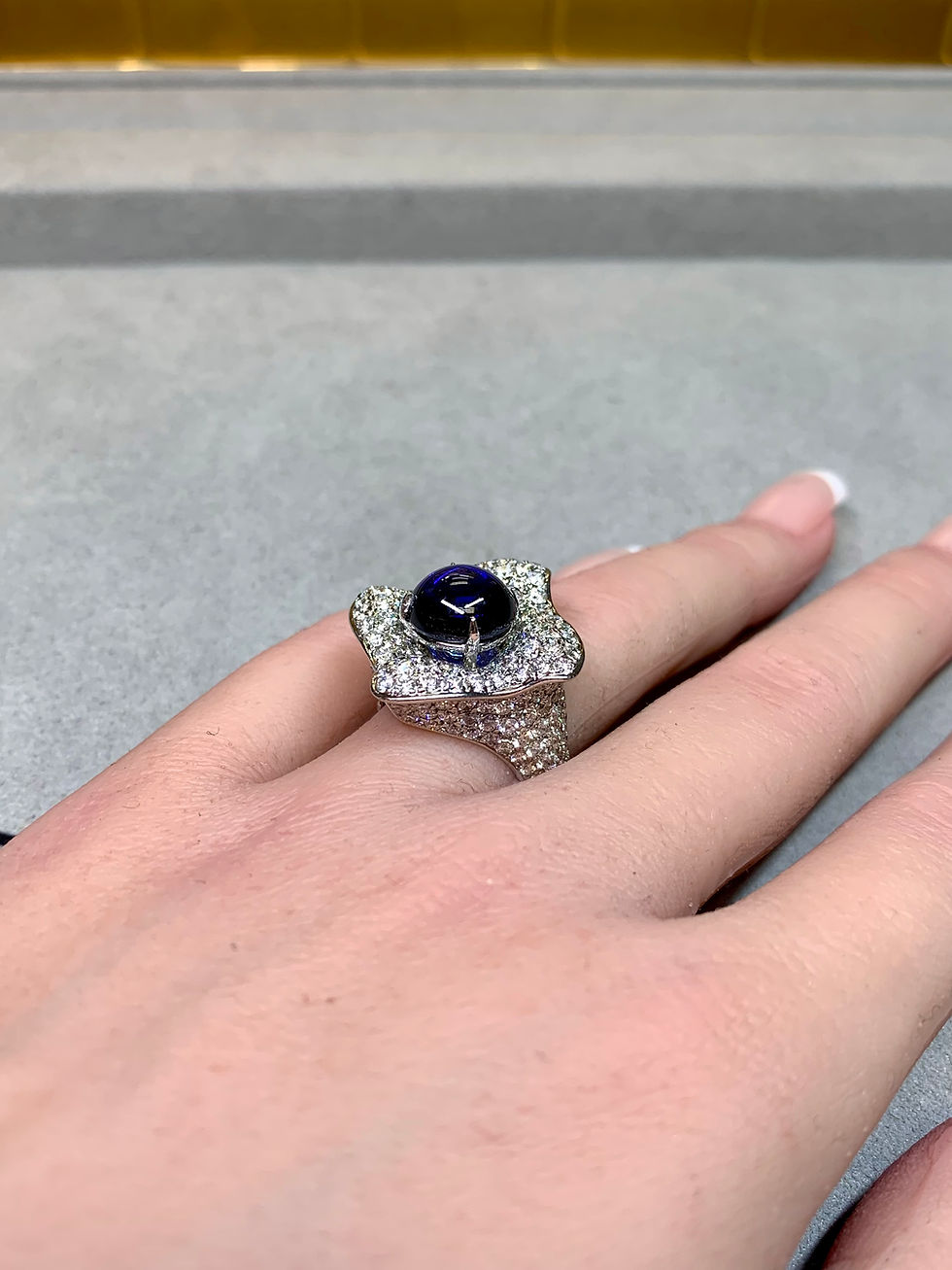 Thumbnail: Estate 18K Cabochon Sapphire Pavé Diamond Large Floral Cocktail Ring 9.50ctw