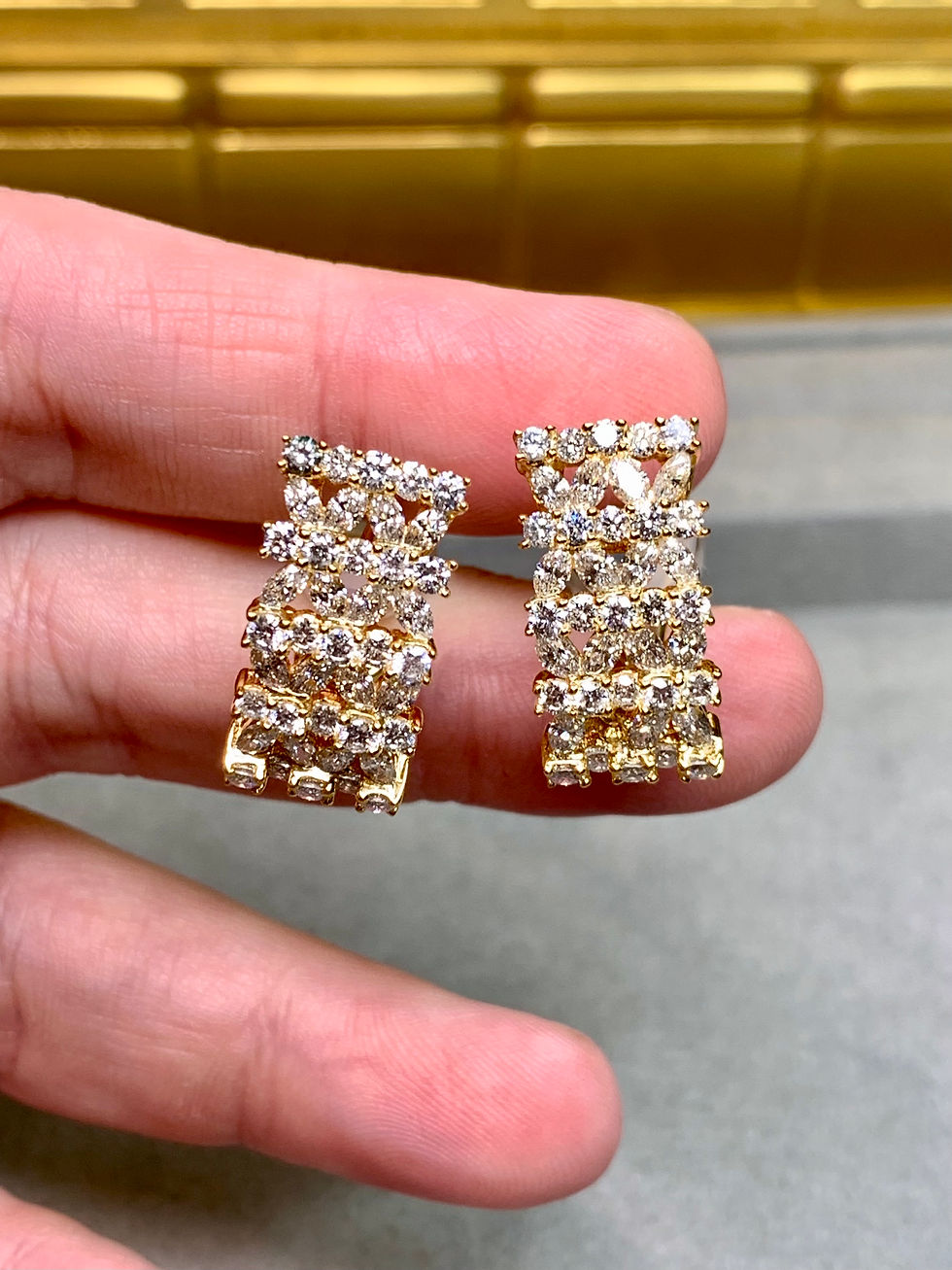 Thumbnail: Estate 18K Yellow Gold Marquise Round Diamond Rectangular Huggie Earrings 4.70ct