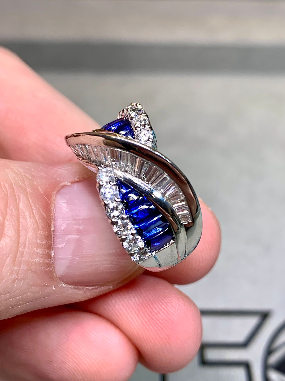Thumbnail: Estate Platinum Bufftop Sapphire Diamond Crossover Bypass Cocktail Ring 6.50ctw