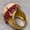 Thumbnail: Vintage 1960's Textured 18K Yellow Gold Cabochon Pink Coral Ruby Cocktail Ring