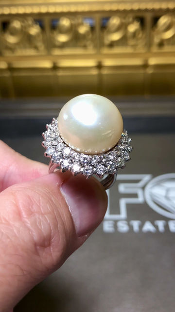 Thumbnail: Vintage 1950’s Platinum Diamond South Sea Pearl Large Cocktail Ring 16.16mm 