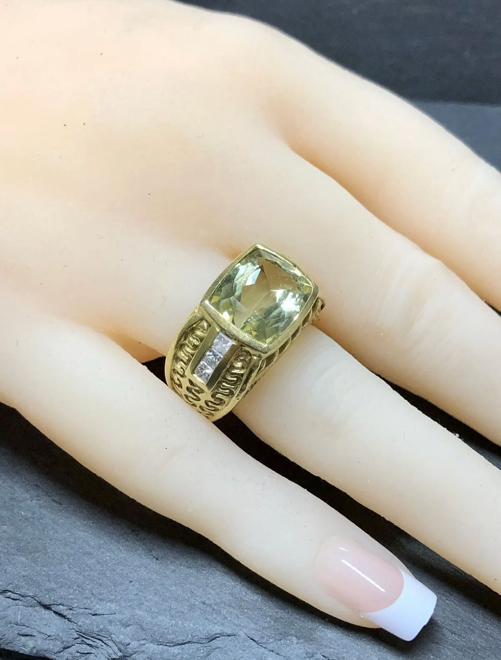 Thumbnail: Vintage 18K Judith Ripka Lemon Quartz Diamond Cocktail Ring .60cttw G Vs Sz 6.25