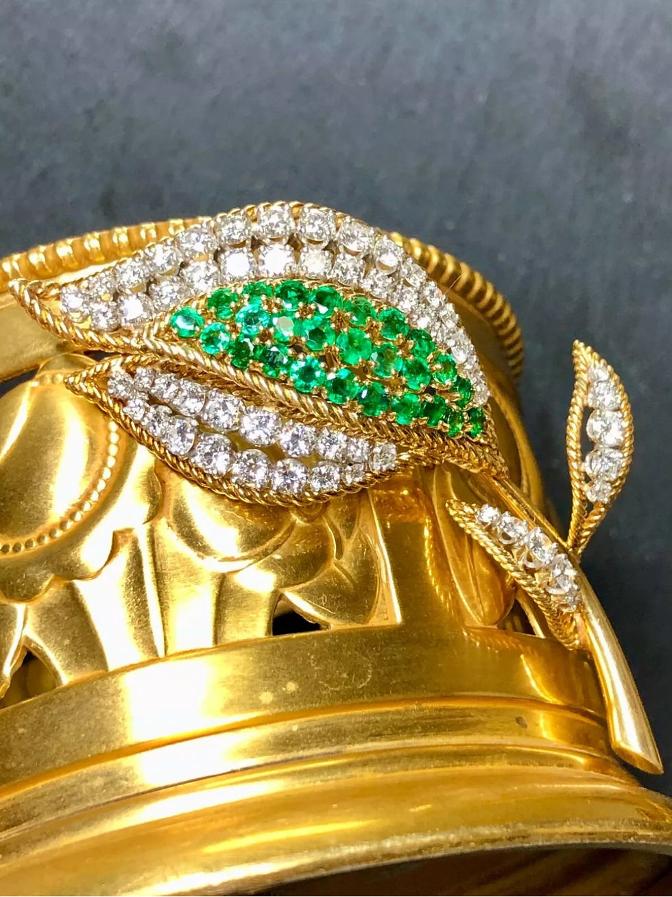 Thumbnail: Estate Vintage 18K Platinum Diamond Emerald Tulip Flower Brooch 3.25cttw G Vs