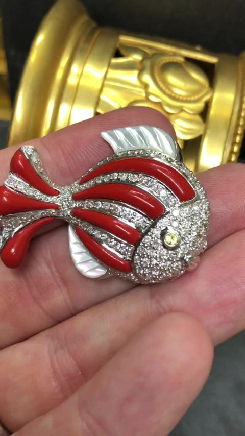 Thumbnail: Estate 18K White Gold Pavé Diamond Coral Mother of Pearl Fish Pendant Necklace