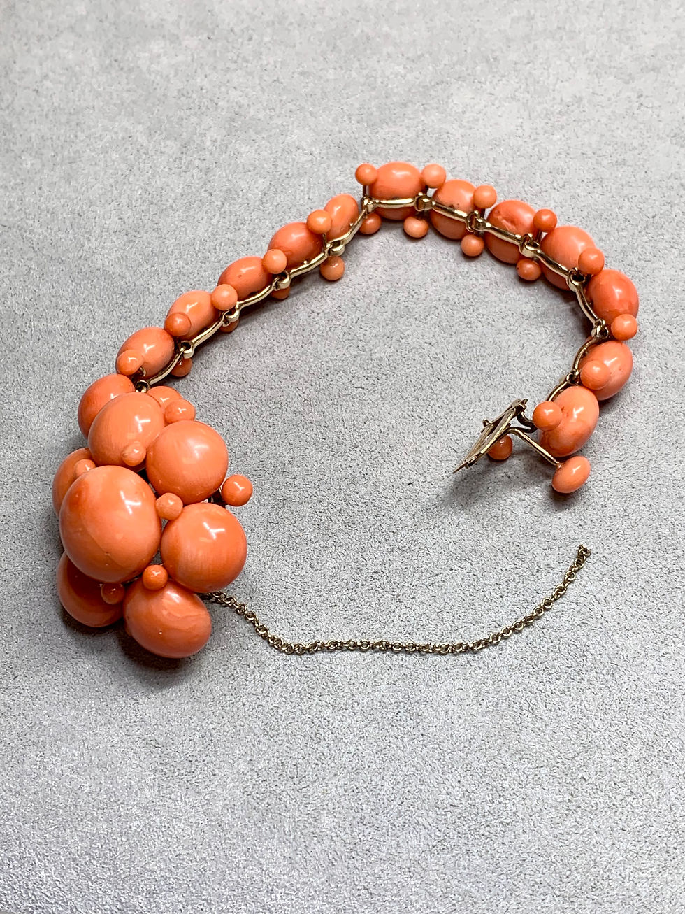Thumbnail: Antique Victorian 14K Coral Cabochon Hidden Clasp Bracelet 7”