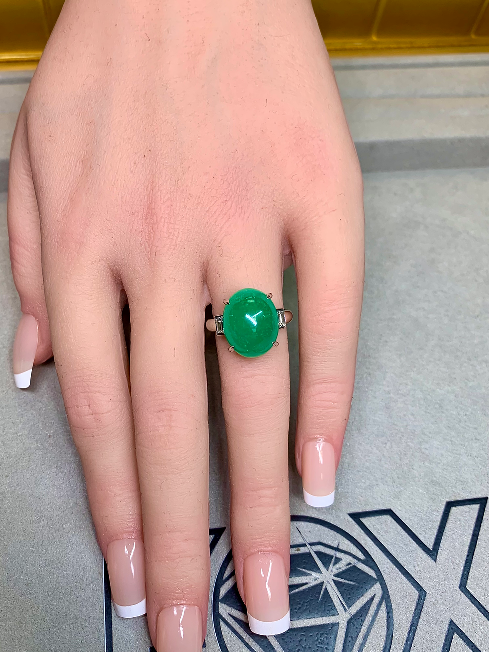 Thumbnail: Estate Platinum Cabochon Emerald Baguette Diamond 3 Stone Cocktail Ring 11.83ctw