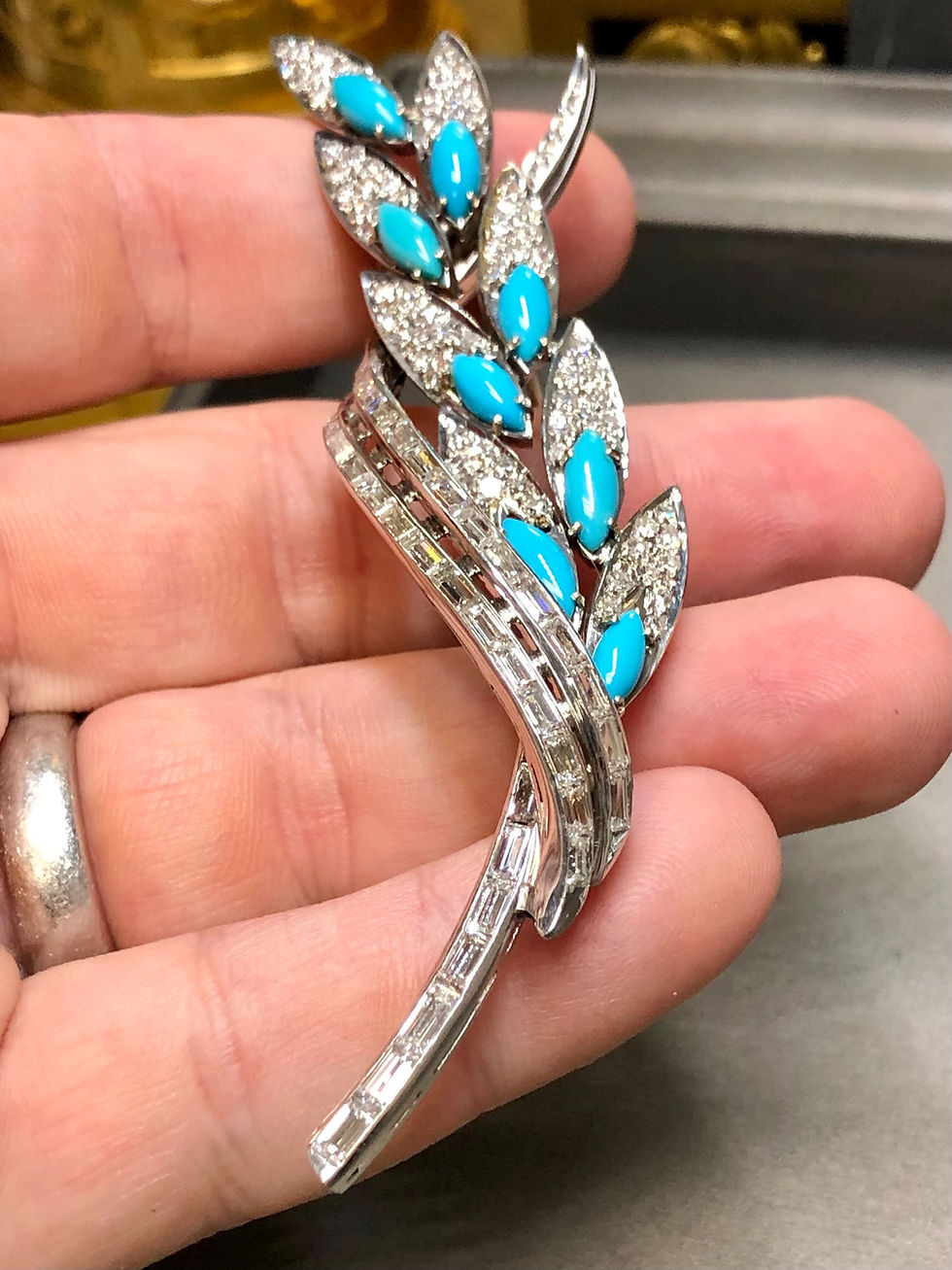 Thumbnail: Vintage 18K Baguette Round Diamond Turquoise Leaf Brooch Pin Pendant 6.36cttw