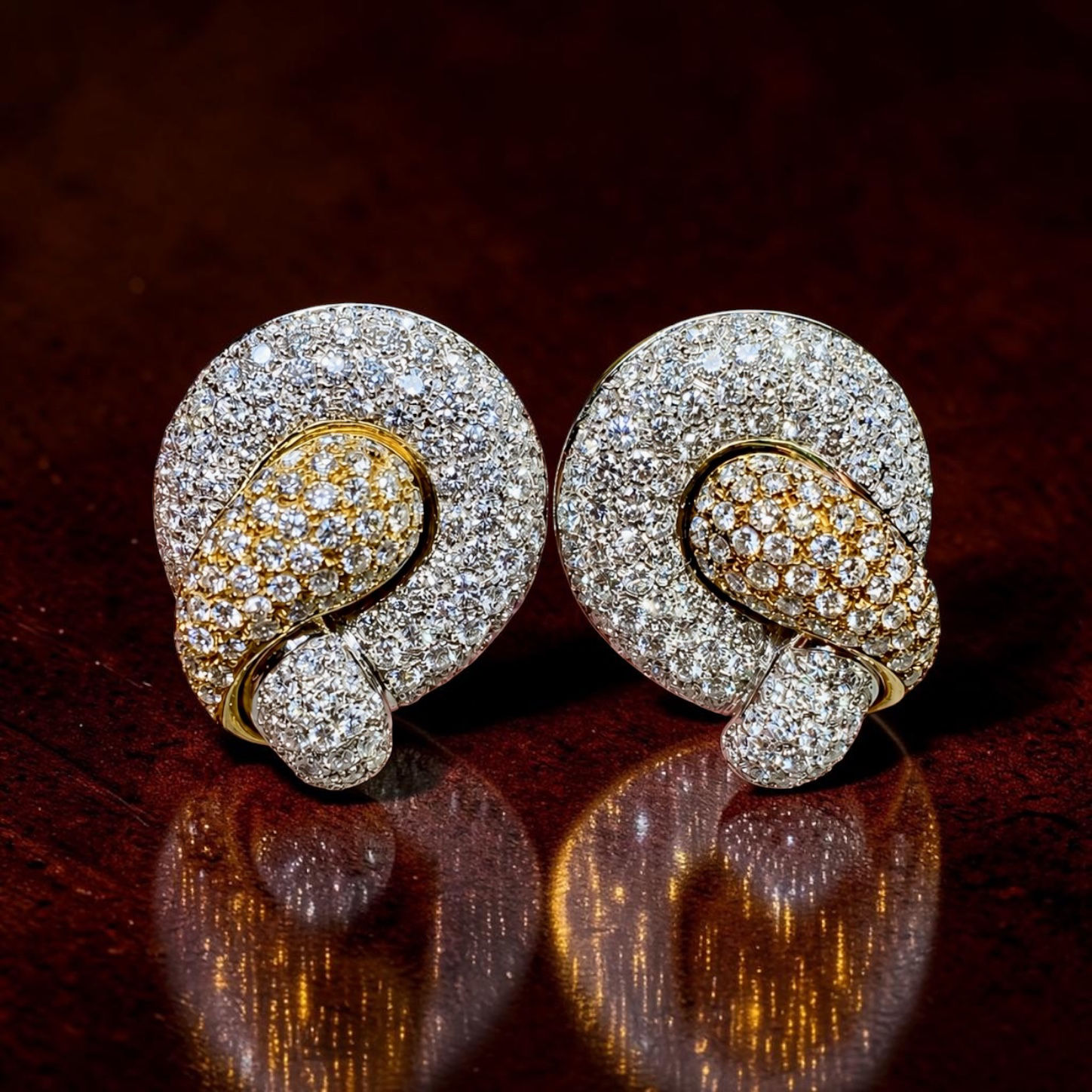 Estate 18K Two Tone Italian Made Pavé Diamond Swirl Cocktail Earrings 9.75ctw