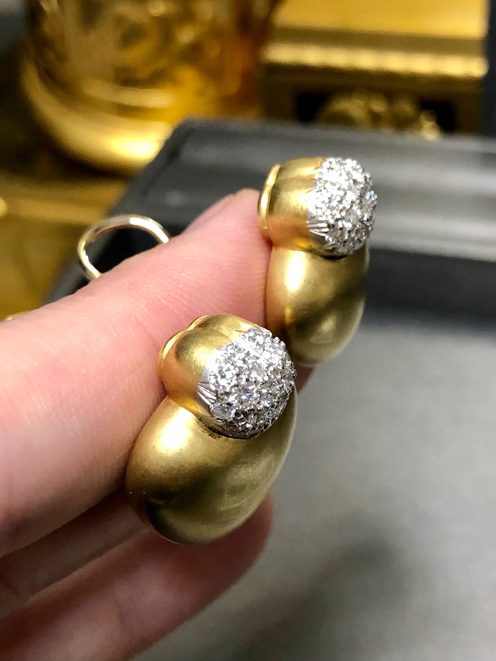 Thumbnail: Estate 18K MARLENE STOWE 18K Diamond Clip On Heart Huggie Earrings G Vs