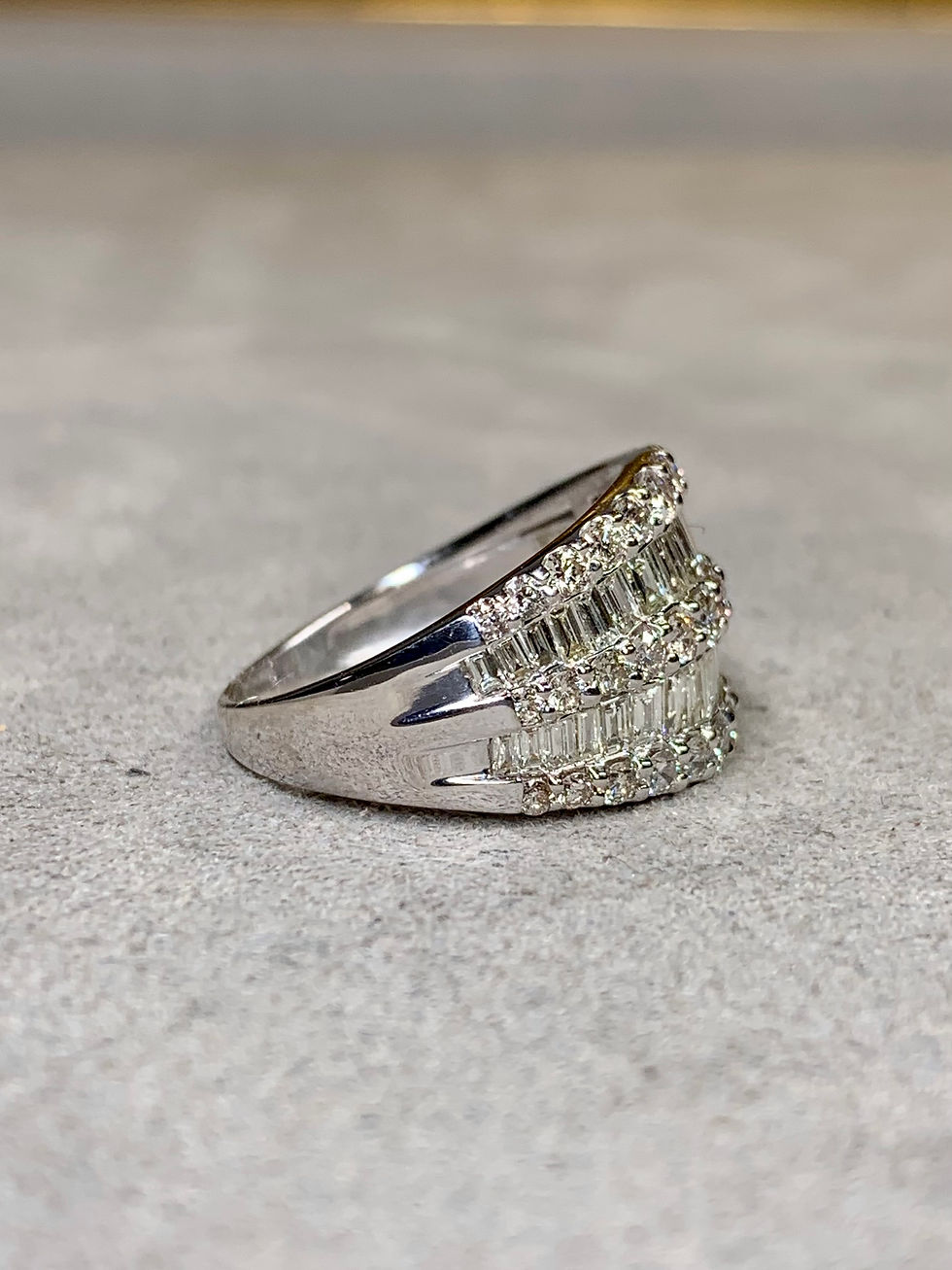Thumbnail: Estate 18K White Gold Baguette & Round Diamond Multi Row Wide Band Cocktail Ring