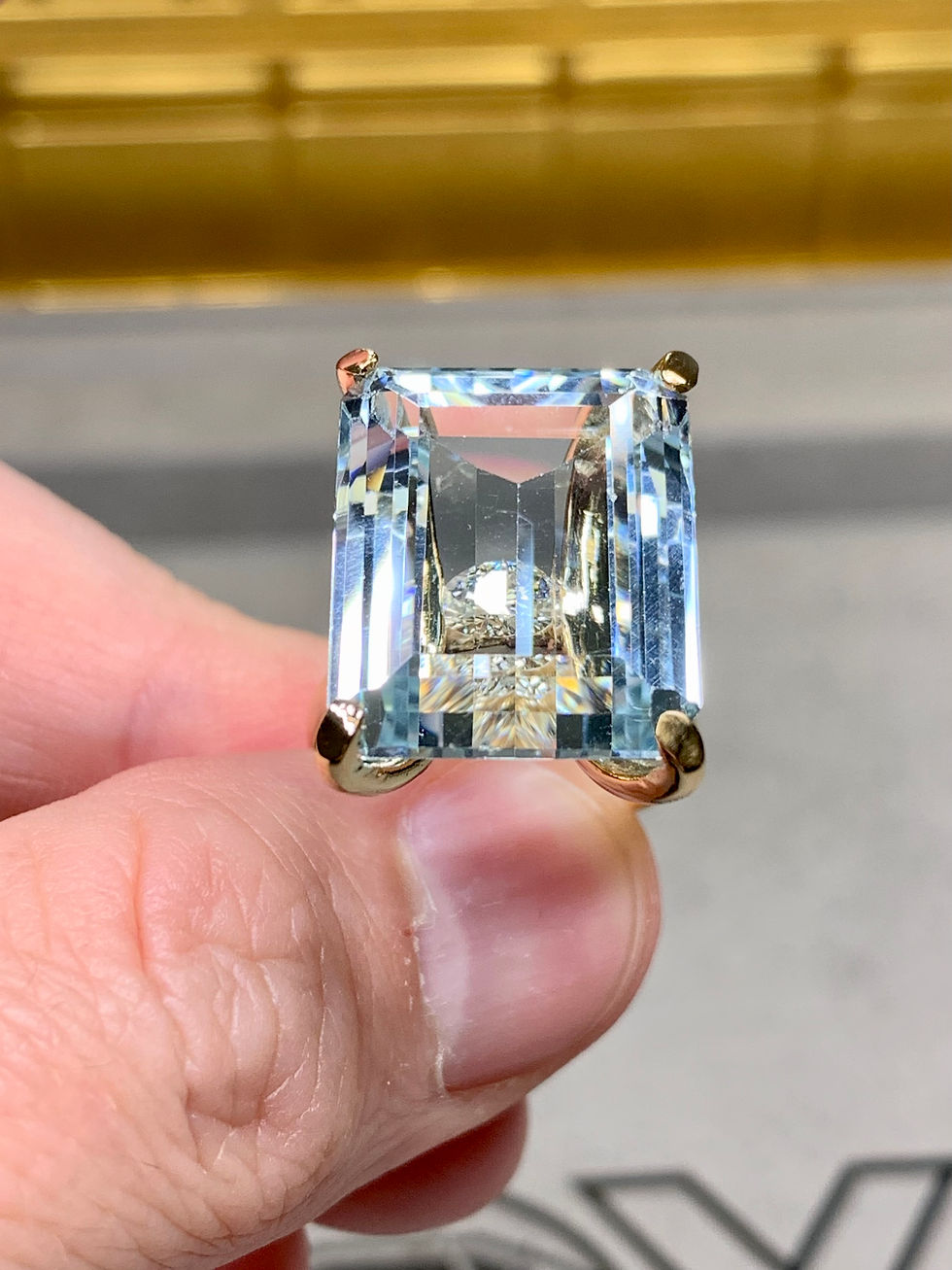 Thumbnail: Estate 18K Emerald Cut Aquamarine Peekaboo Diamond Italian Cocktail Ring 26ct