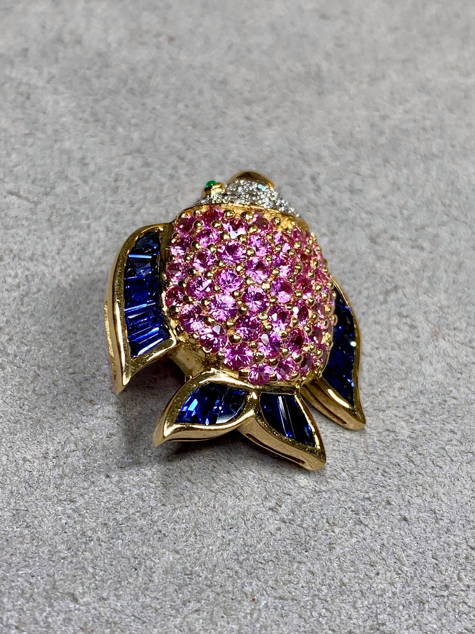 Thumbnail: Estate 18K Pink & Blue Sapphire Emerald Diamond Finely Made Fish Pin | Pendant