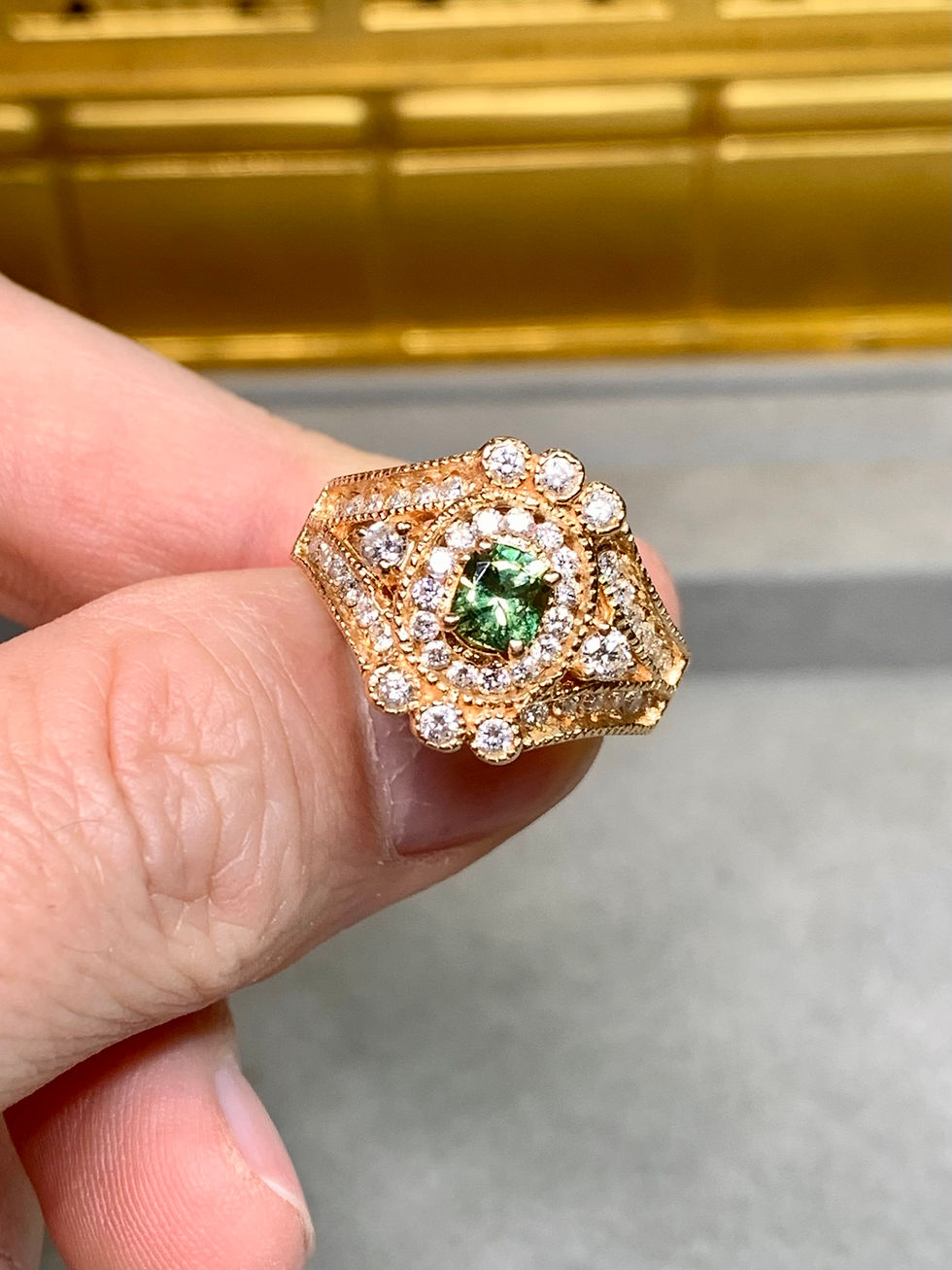 Thumbnail: Estate 18K Rose Gold Cushion Cut Demantoid Garnet & Diamond Cocktail Ring