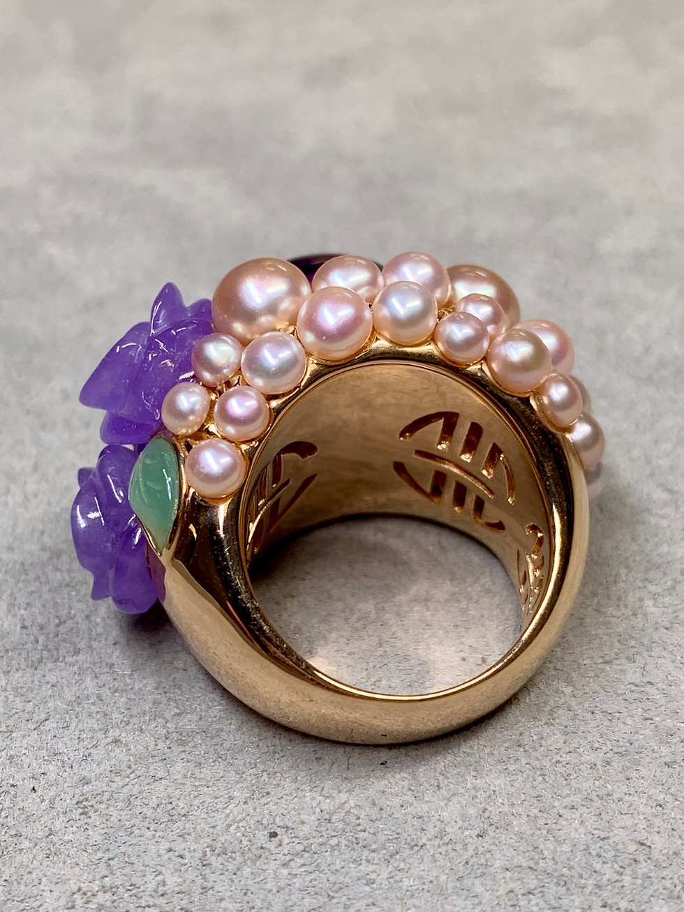Thumbnail: Mimi Milano 18K Rose Gold Lavender Green Jade Amethyst Pearl Large Cocktail Ring