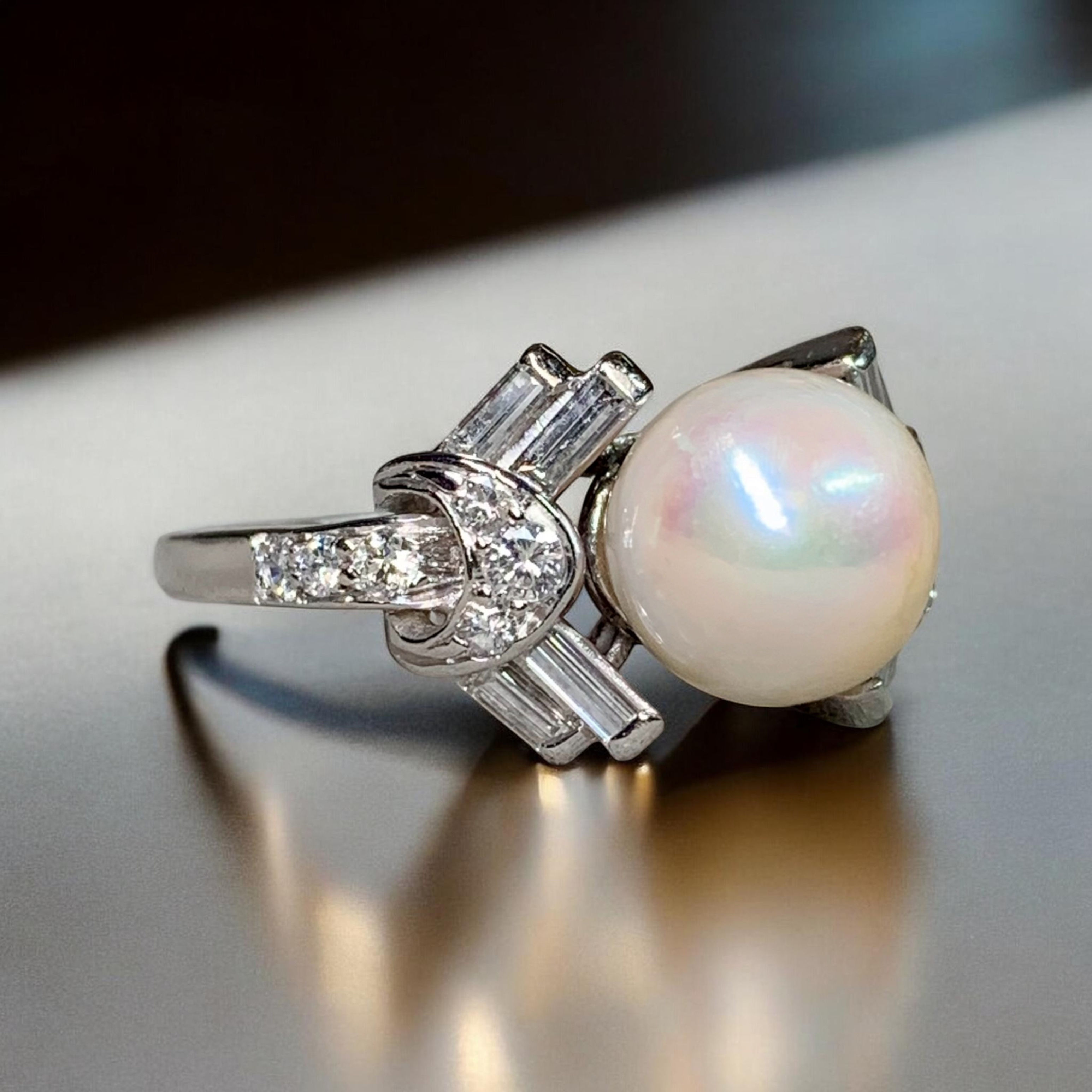 Vintage 1940’s Platinum Geometric Pearl Baguette Round Diamond Cocktail Ring