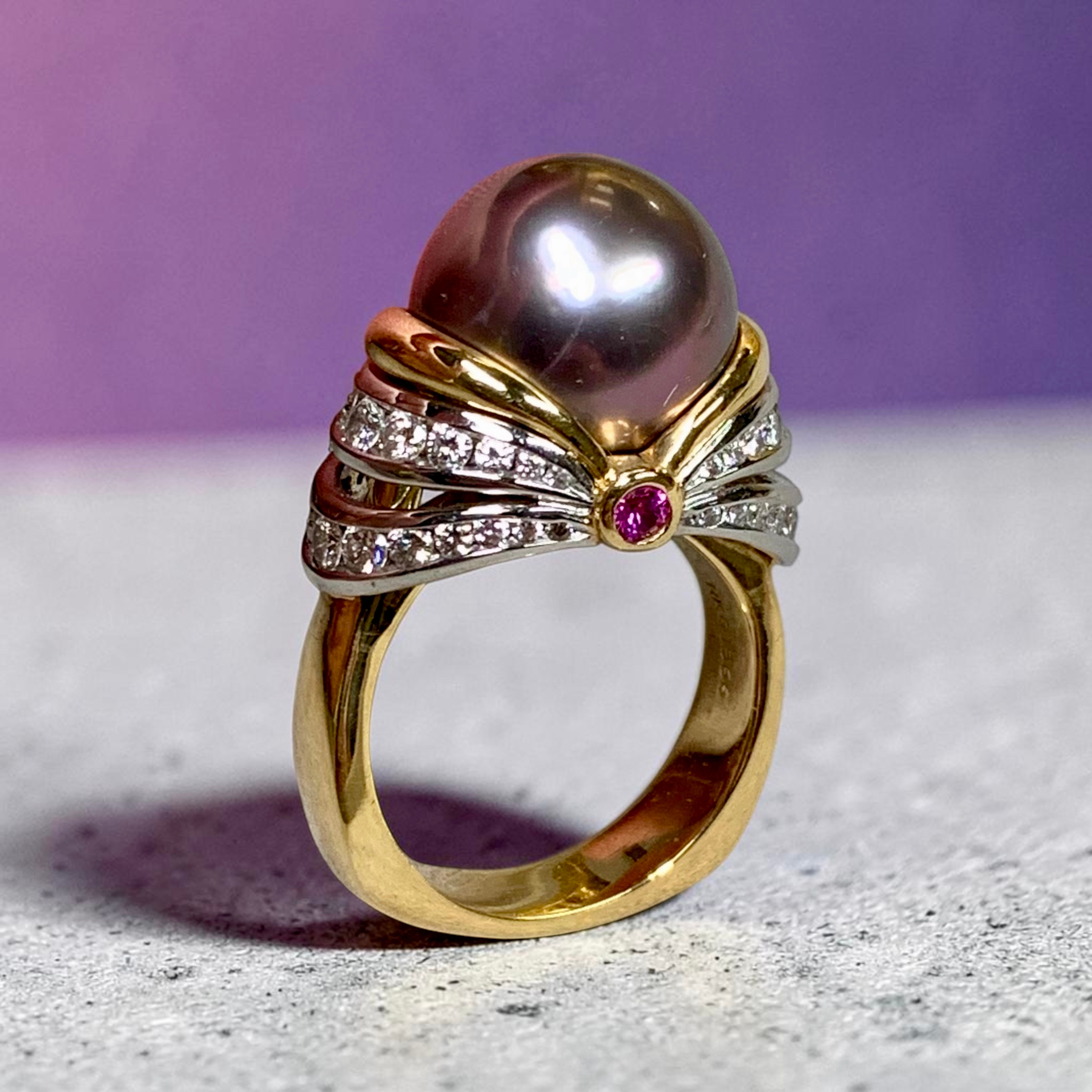 Sculptural Tahitian Pearl Diamond & Pink Sapphire Bow Ring in 18K Gold & Platinu