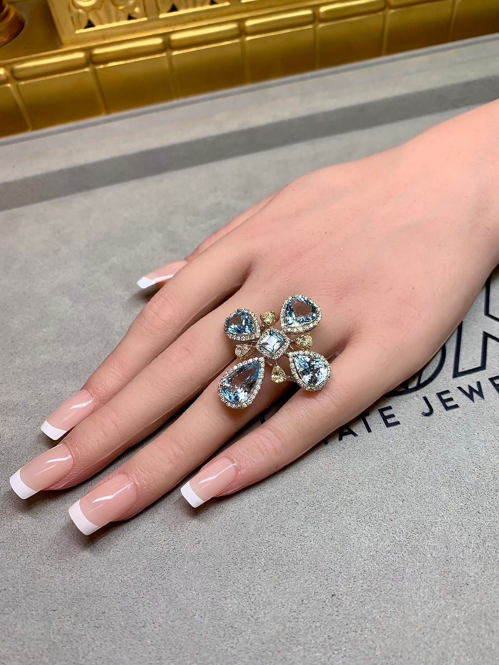 Thumbnail: Estate 18K  Aquamarine Fancy Pear Diamond Halo Large Cross Cocktail Ring 15.30ct