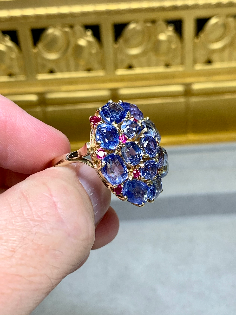 Thumbnail: Vintage 1950s 14K Gold 20ctw Natural No Heat Sapphire Ruby Cluster Ring GIA