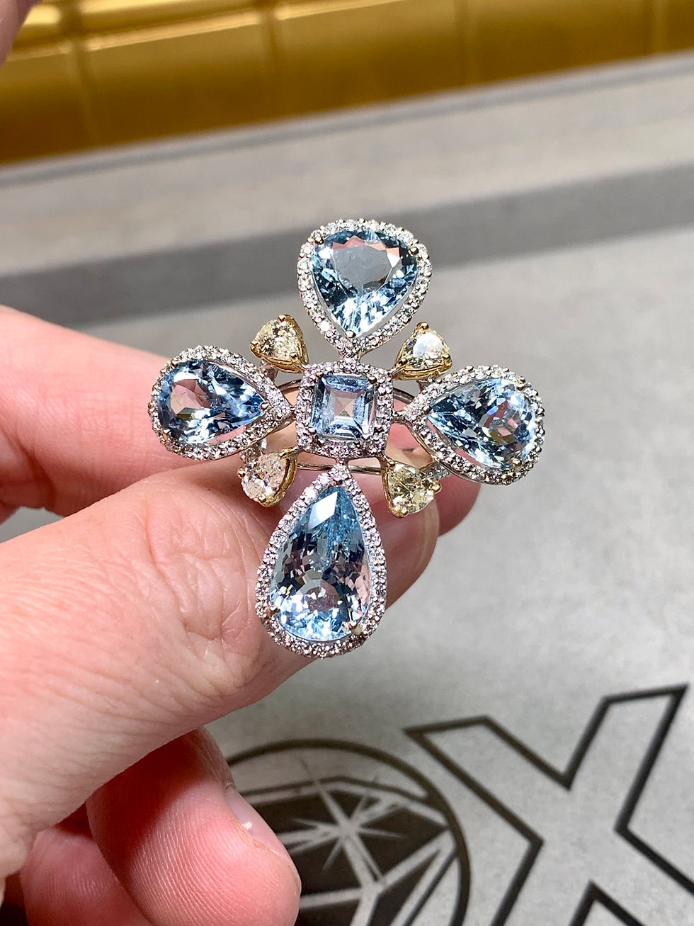 Thumbnail: Estate 18K  Aquamarine Fancy Pear Diamond Halo Large Cross Cocktail Ring 15.30ct