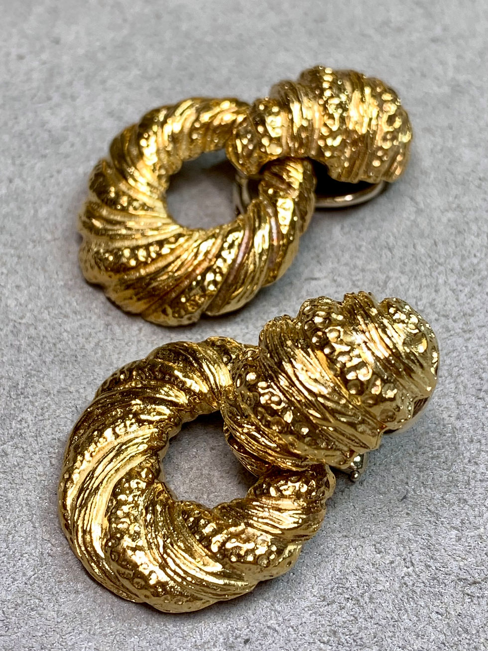 Thumbnail: Vintage 18K Yellow Gold Twisted Texture Doorknocker Drop Earrings.          