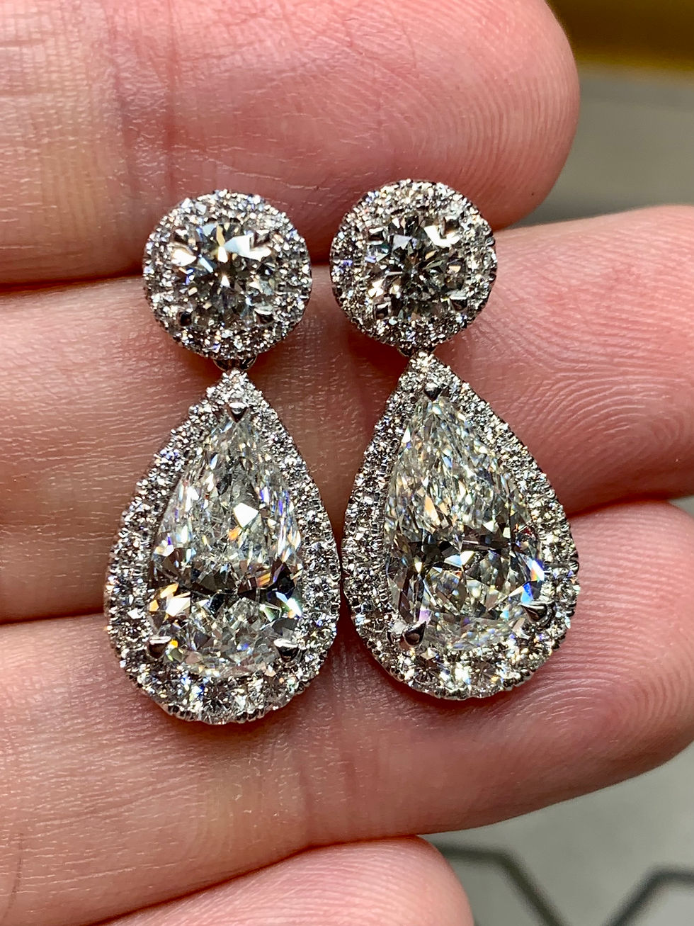 Thumbnail: Estate 18K White Gold Pear Diamond Drop Dangle Earrings 3.11ct + 3.09ct GIA
