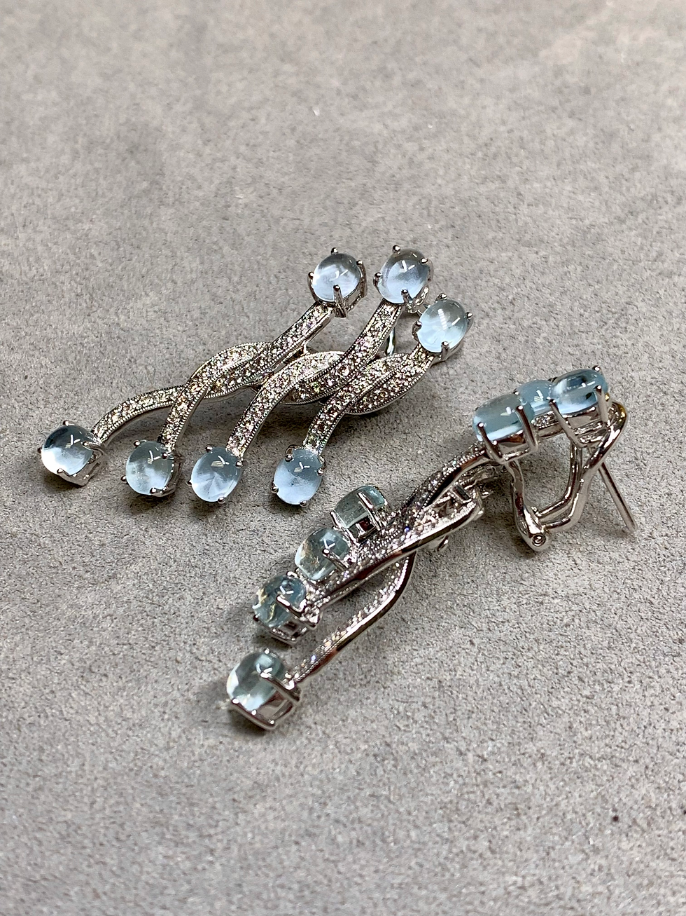 Thumbnail: 18K White Gold Diamond Cabochon Aquamarine Woven Huggie Earrings 8.20ctw