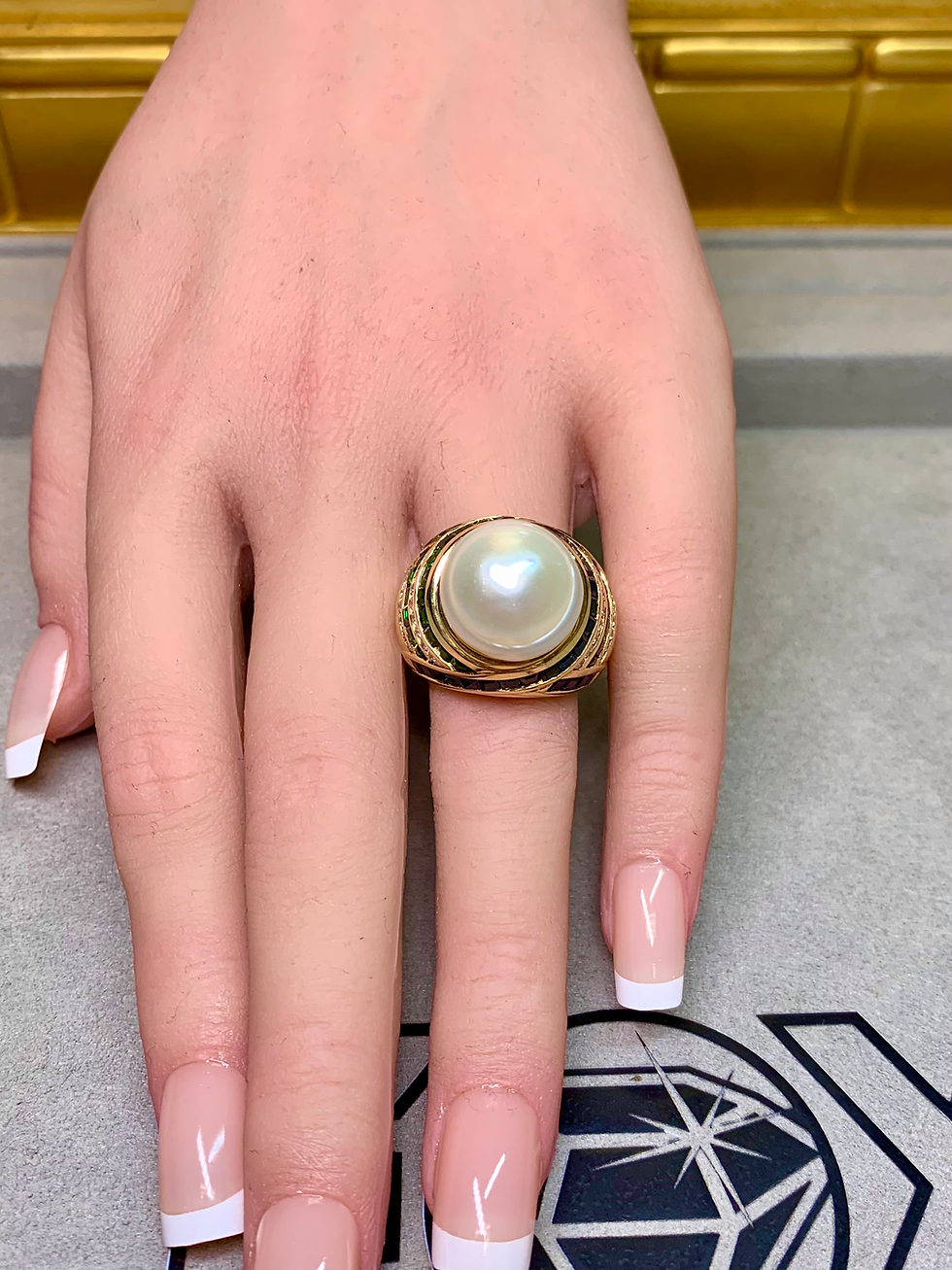 Thumbnail: Robert Wander WINC 18K Pearl Diamond Tsavorite Sapphire Dome Cocktail Ring 
