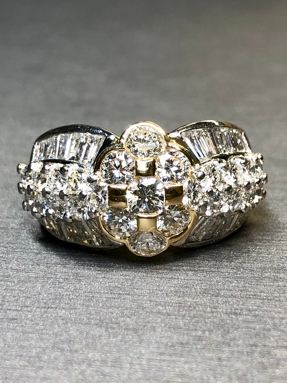 Thumbnail: Estate 18K Platinum Round Channel Baguette Diamond Cluster Cocktail Ring 3.95ctw