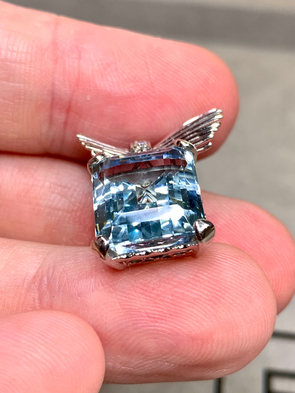Thumbnail: Vintage 1950’s 14K White Gold Aquamarine Diamond Flare Pendant Enhancer 8.85ct