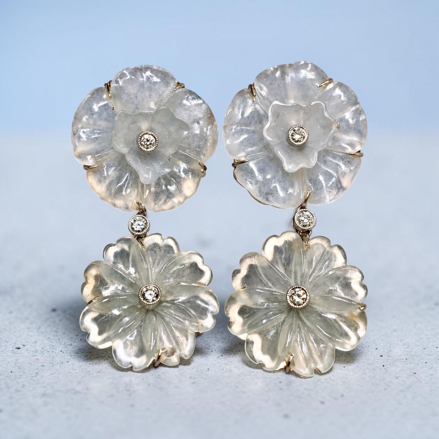 Estate 14K Icy Jade Double Floral Drop Bezel Set Diamond Screwback Earrings