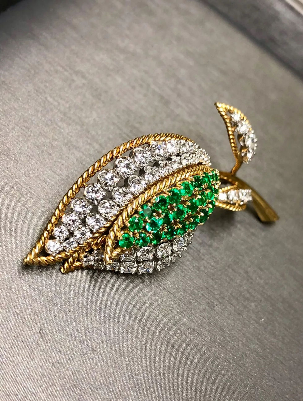 Thumbnail: Estate Vintage 18K Platinum Diamond Emerald Tulip Flower Brooch 3.25cttw G Vs